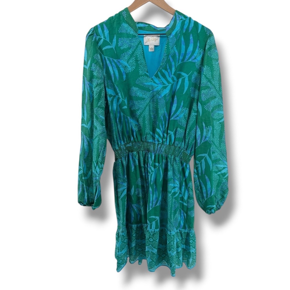 Lilly Pulitzer Axton Dress Women 16 Green Fiddle Leaf Jungle Tropical Ruffle